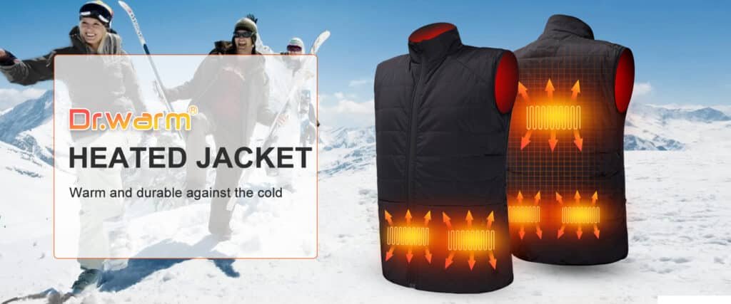 Person confidently wearing a heated jacket in a winter setting, representing safe and reliable warmth.