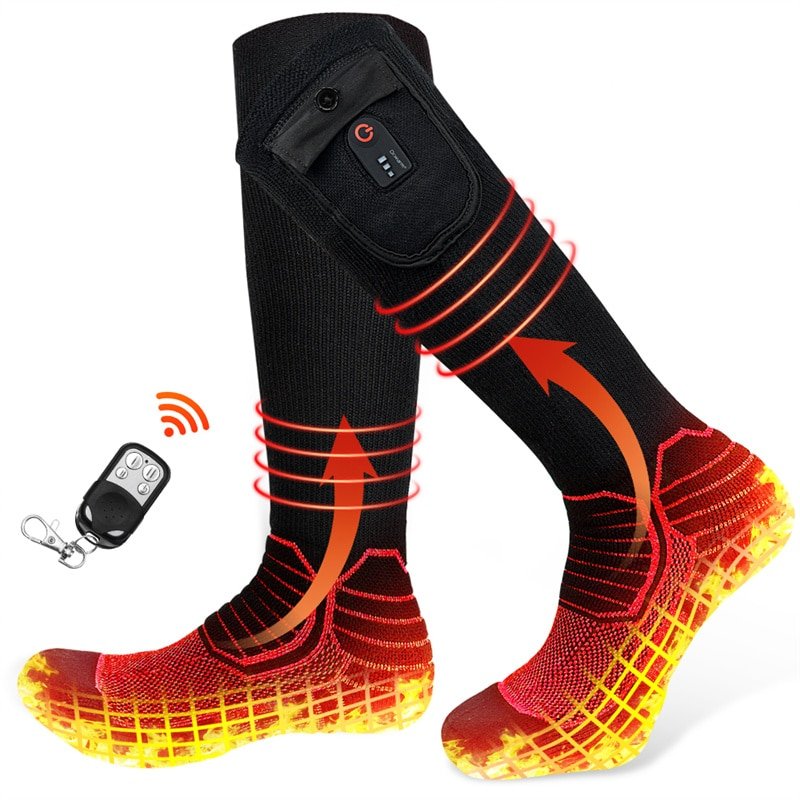 Diagram showing the internal construction of heated socks, including carbon fiber threads and lithium-ion battery placement.