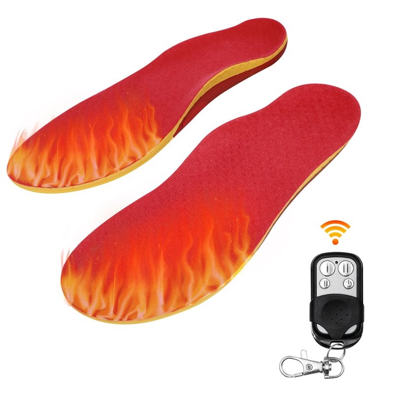 Image showing the different ways to control heated insoles: a handheld remote, a smartphone app interface, and built-in buttons on the insole.