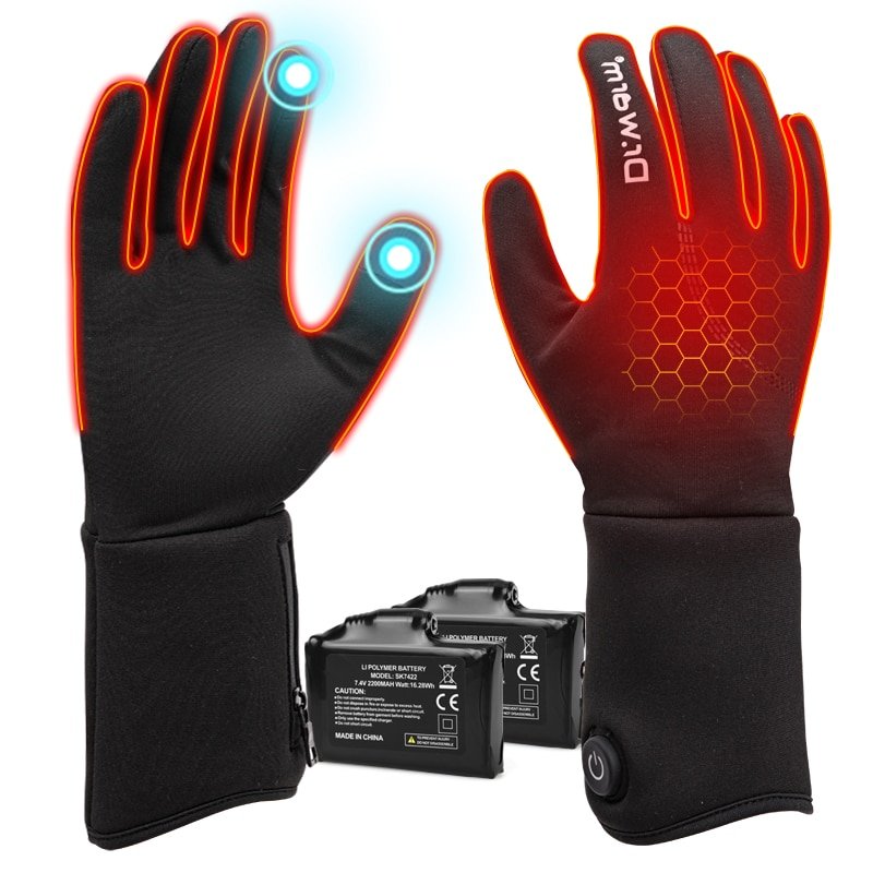 A pair of black and grey heated gloves for skiing and snowboarding, showcasing a sleek design, adjustable wrist cuff, and integrated battery pack compartment on the cuff for winter sports.