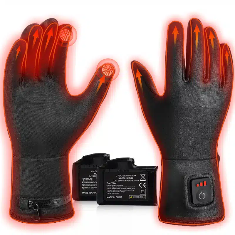 A pair of black heated gloves connected to a slim rechargeable battery pack, showing the wiring and control button for adjustable warmth in cold weather.