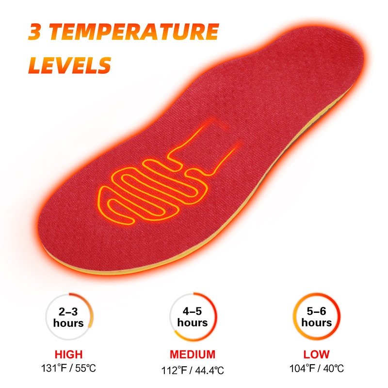 Easy-to-read chart showing estimated runtime (in hours) for heated insoles with 1500mAh, 2000mAh, and 3000mAh batteries at low/medium heat.