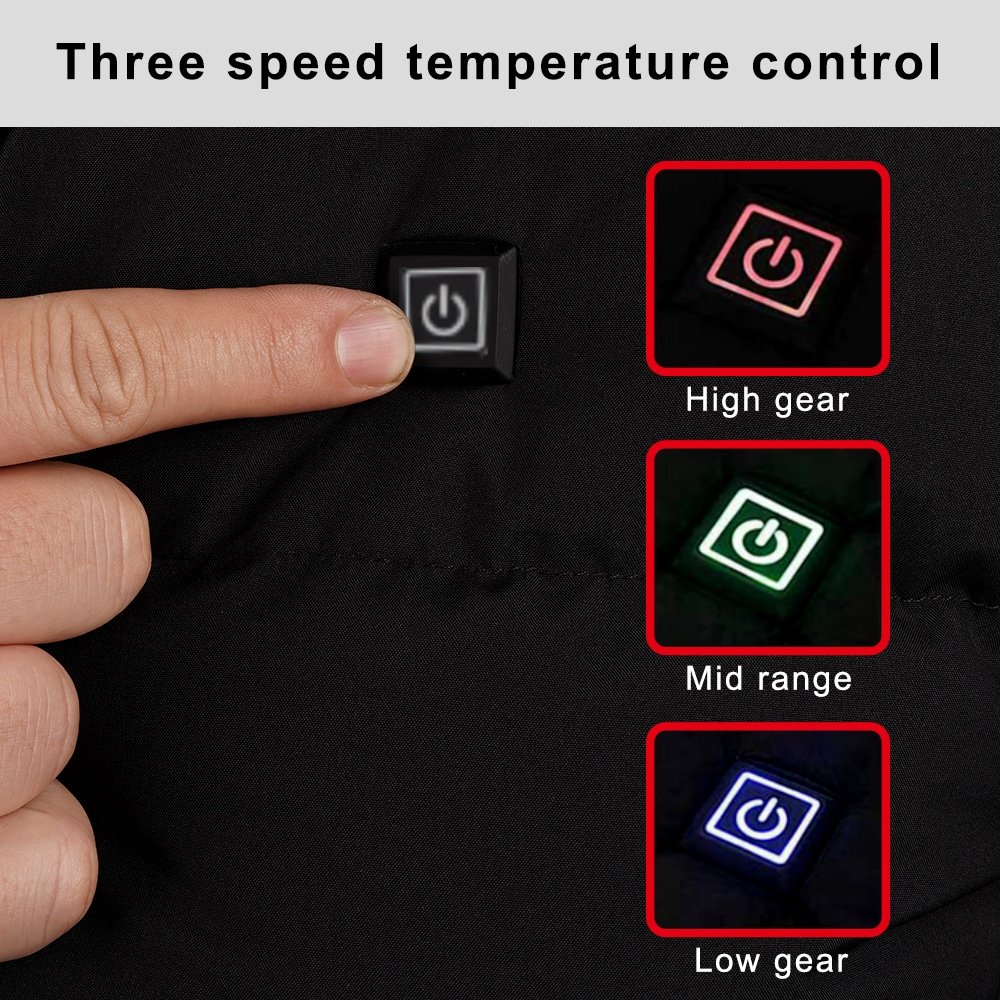 Close-up of a certified lithium-polymer battery pack and its smart charger for a heated jacket, highlighting safety features.