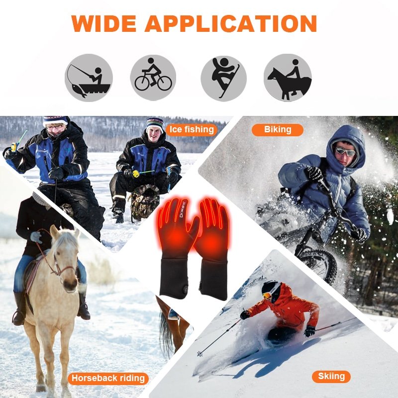 Collage showing heated gloves being used across various winter sports and activities including skiing, snowboarding, and horseback riding, demonstrating wide application.