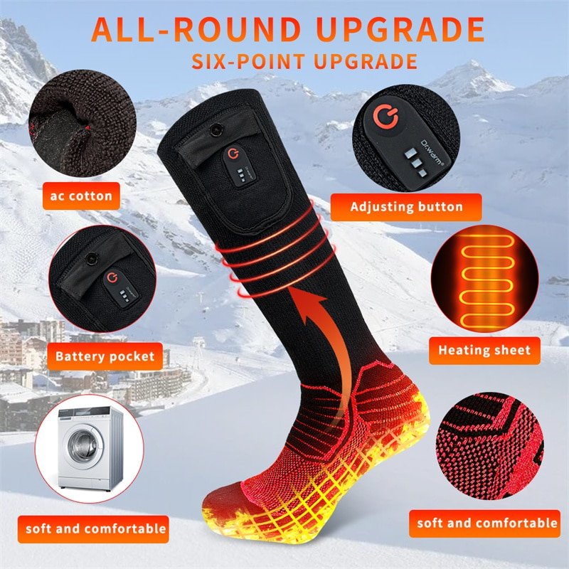 Image showing a remote control for heated socks next to a pair of thermal socks, emphasizing the difference in temperature adjustability.