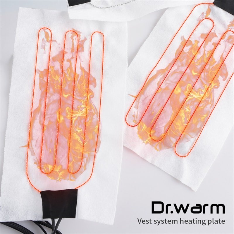 Wearable heating element heating plate for heated vest system featuring flexible carbon fiber heating wires for uniform heat distribution and efficient thermal performance.