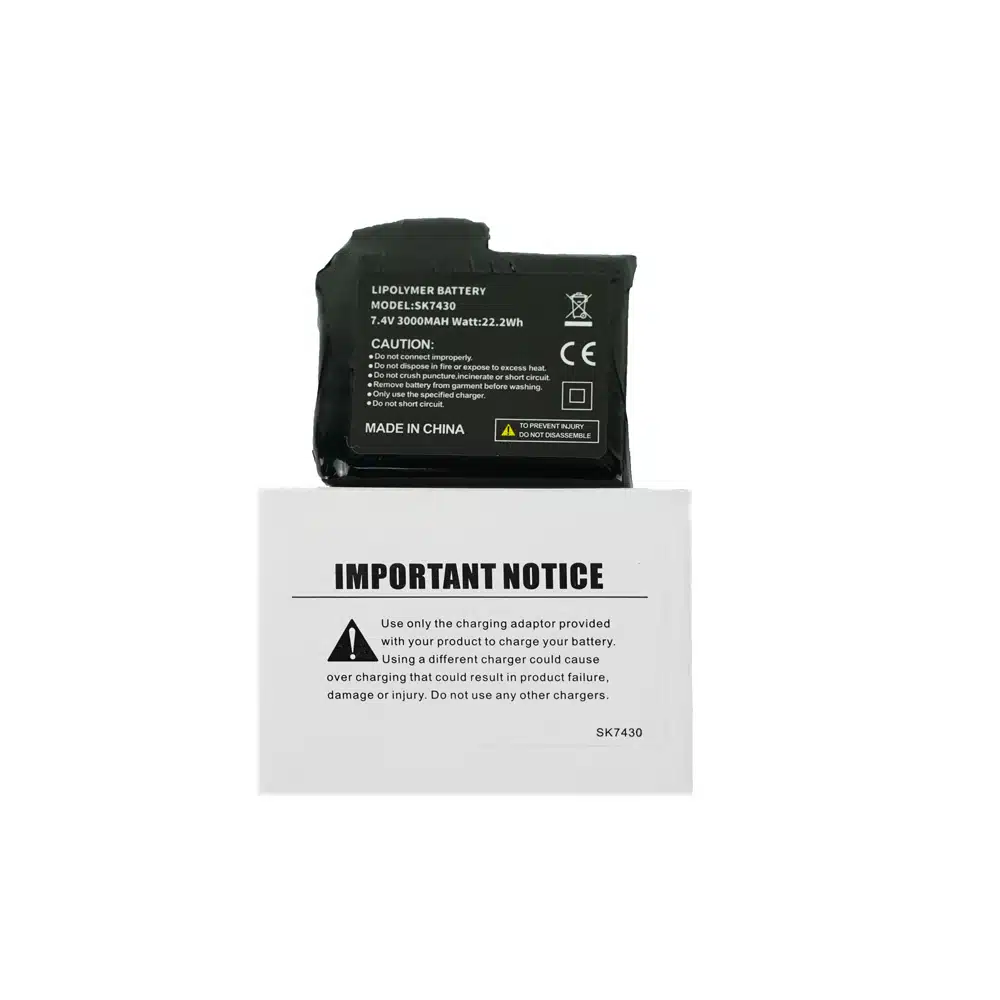 rectangular lithium-ion battery pack for heated clothing, with a 7.4V label and a capacity rating in Wh (Watt-hours) and mAh, featuring a standard power connector.