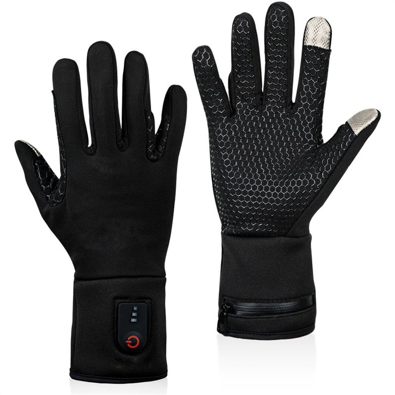 Infographic comparing the four key factors for selecting heated gloves: material durability, fit and comfort, adjustable temperature settings, and grip quality.