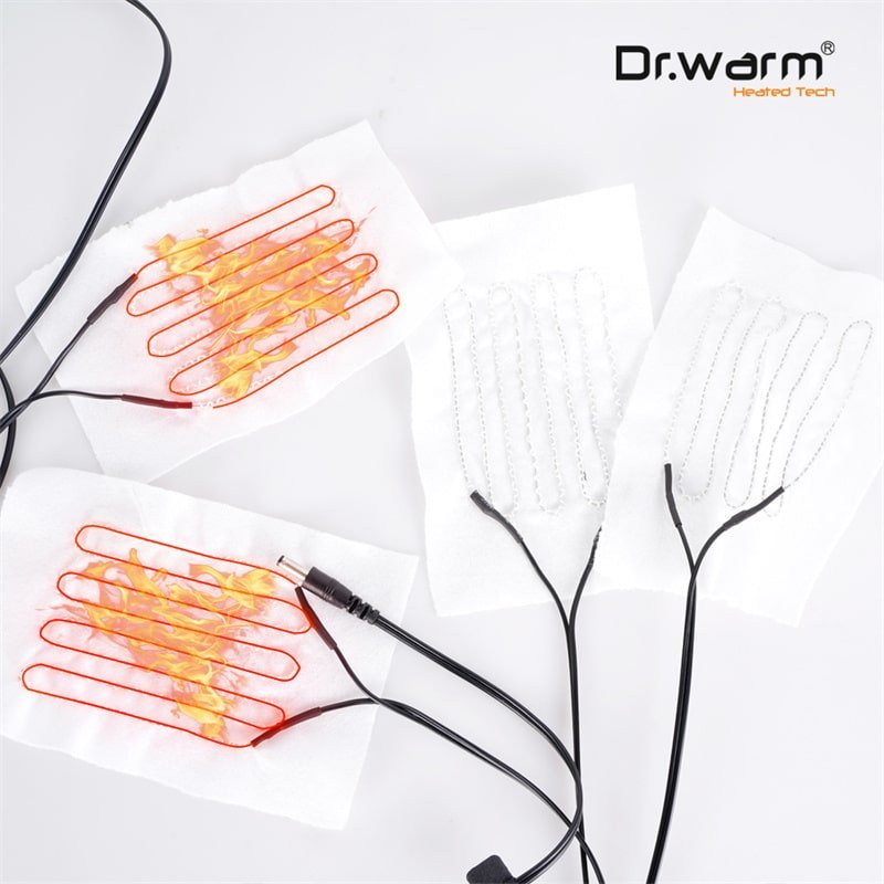 carbon fiber heating elements glowing with heat for washable heated clothing showing fast heating performance