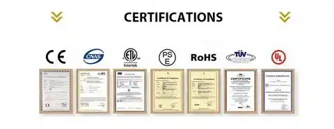 Various safety certifications for heated apparel including CE, RoHS, UL, TUV, and PSE, displayed with example certificates for compliance verification.