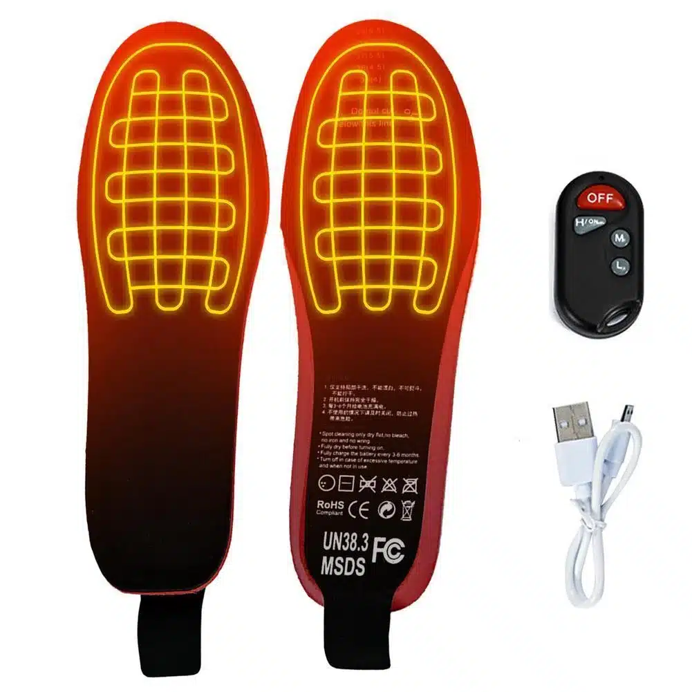 Heated insoles showing internal heating elements and remote controller design