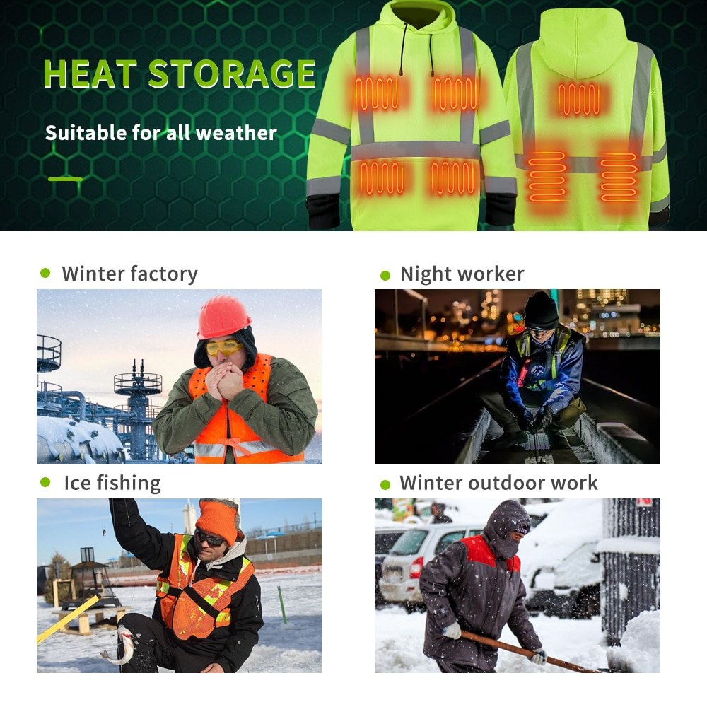 Stay warm, safe, and productive in extreme cold with our industrial heated clothing, designed for all-weather applications in harsh environments. Equipped with advanced heat storage technology, this battery-heated apparel provides consistent warmth for workers in factories, outdoor construction sites, logistics, ice fishing, and other cold-weather tasks.