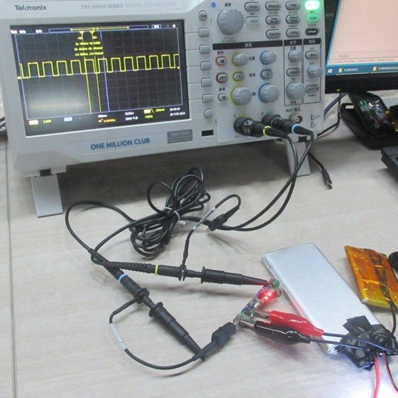 oscilloscope testing PCBA circuit board for heated gloves smart heating system battery control signal waveform measurement OEM electronic testing