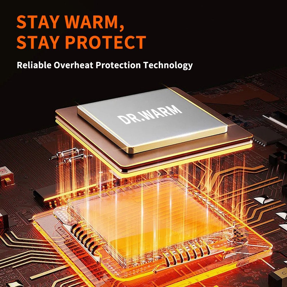 Stay safe and comfortably warm with DrWarm heated apparel, featuring advanced overheat protection technology. Designed for jackets, vests, gloves, socks, and other battery-heated clothing, this intelligent system ensures consistent heat output while preventing overheating, providing reliable warmth in extreme cold environments.