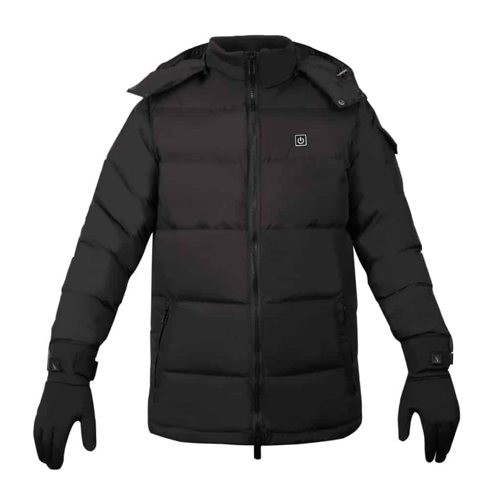 Visual comparison: Left side shows a branded heated jacket with certifications; right side warns against uncertified, unknown brands.