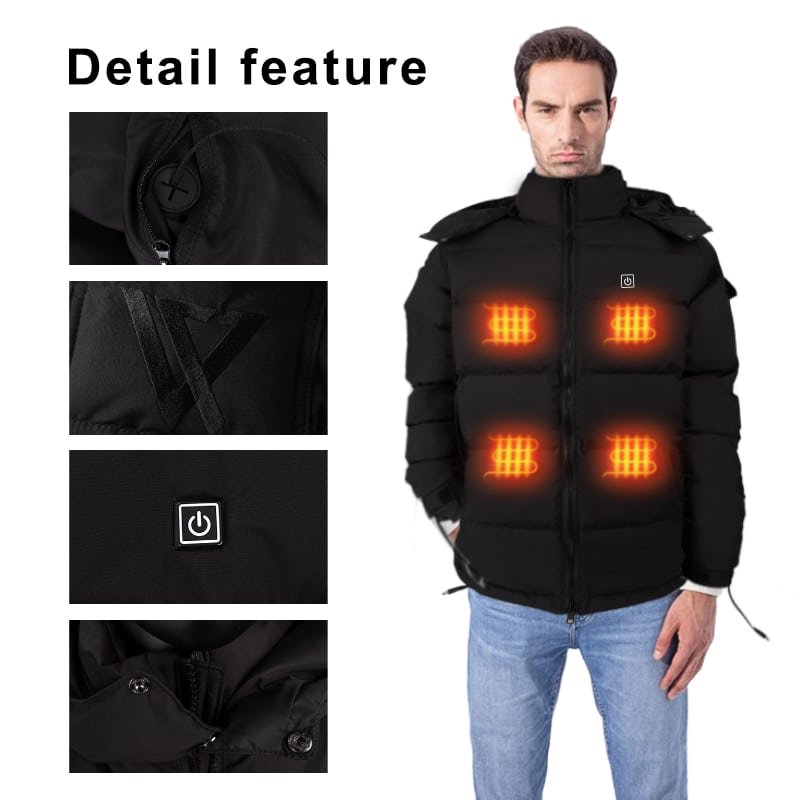 Technical diagram showing the internal safe design of a heated jacket: carbon fiber heating zones, temperature sensors, insulated wiring, and battery management system.