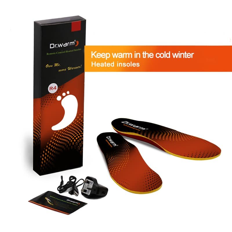 Infographic checklist for buying heated insoles: Carbon fiber heating, 2000mAh+ battery, remote/app control, safety certifications, and proper fit.