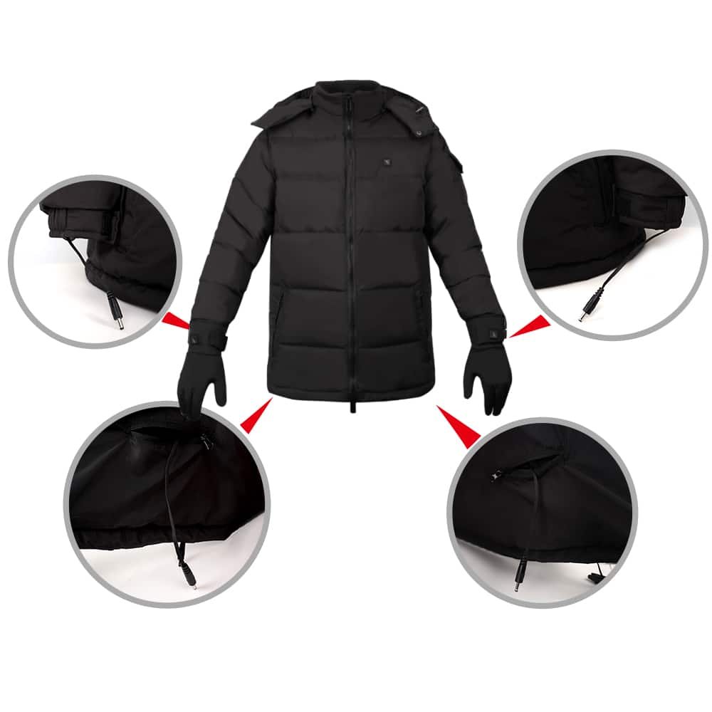 Heated jacket being tested or worn in rain or snow, demonstrating its waterproof seals and protection for internal electronics.