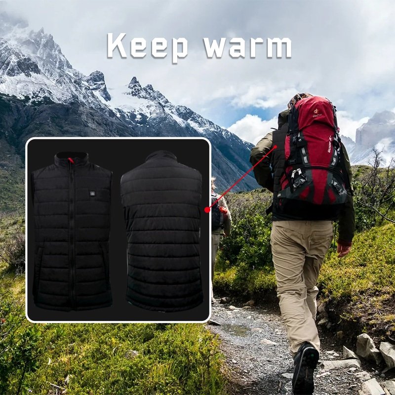 A hiker wearing advanced heated apparel, including a jacket and gloves, trekking up a snowy mountain trail, showcasing battery-powered warmth in extreme cold.