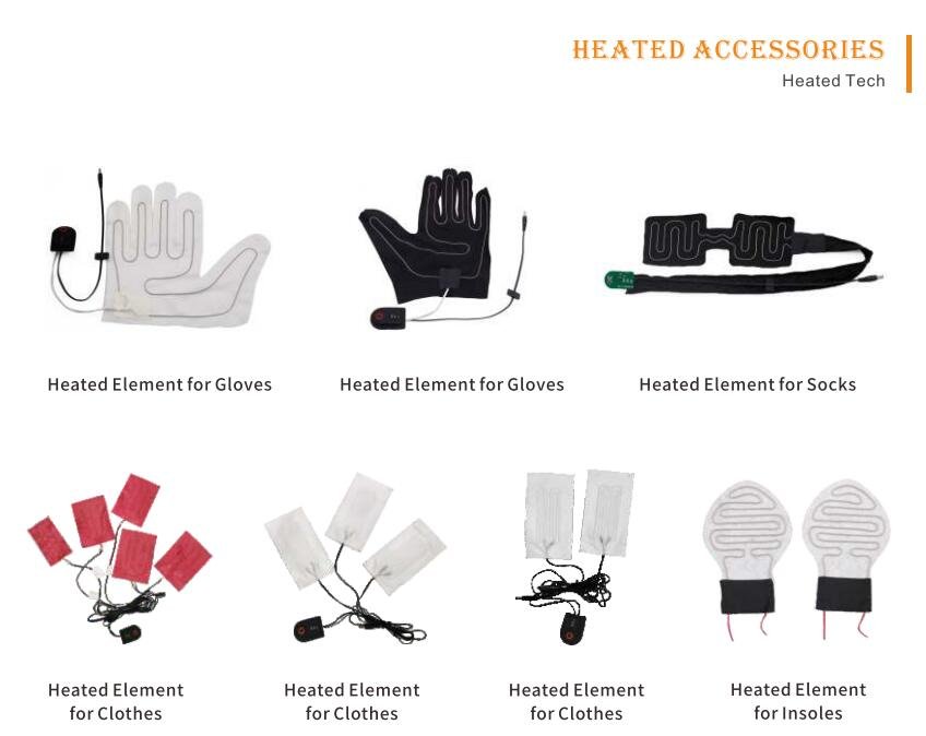 Assortment of different heating elements (carbon fiber pads, flexible film, wires) used by a professional heated clothing manufacturer in China for gloves, jackets, and socks.