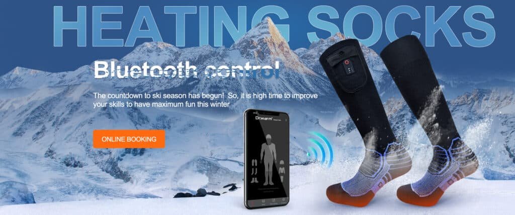 Dynamic graphic representing the growth of heated apparel, showing a skier and a construction worker using heated gear, with upward trend lines.