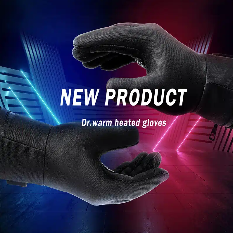 Heated gloves and jacket being tested in simulated rain or snow, demonstrating their water resistance capabilities.