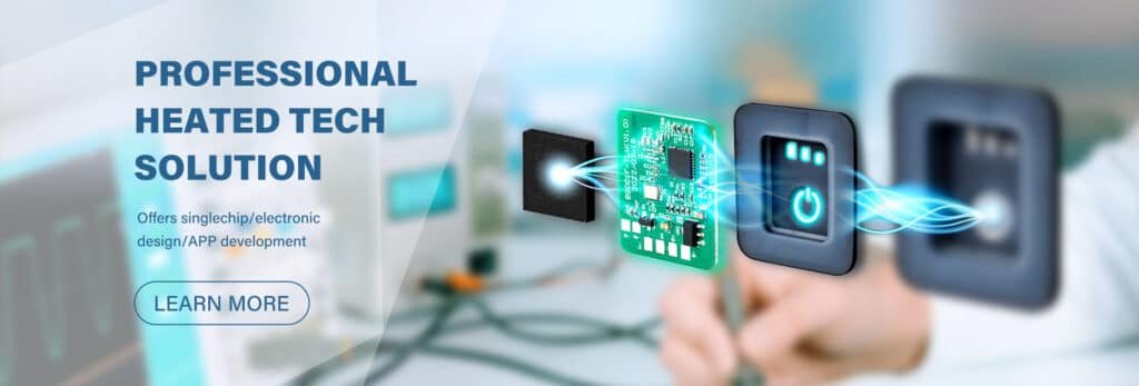 Technical diagram explaining heated clothing temperature control: microcontroller on PCB uses PWM to regulate power to heating elements for safety and efficiency.