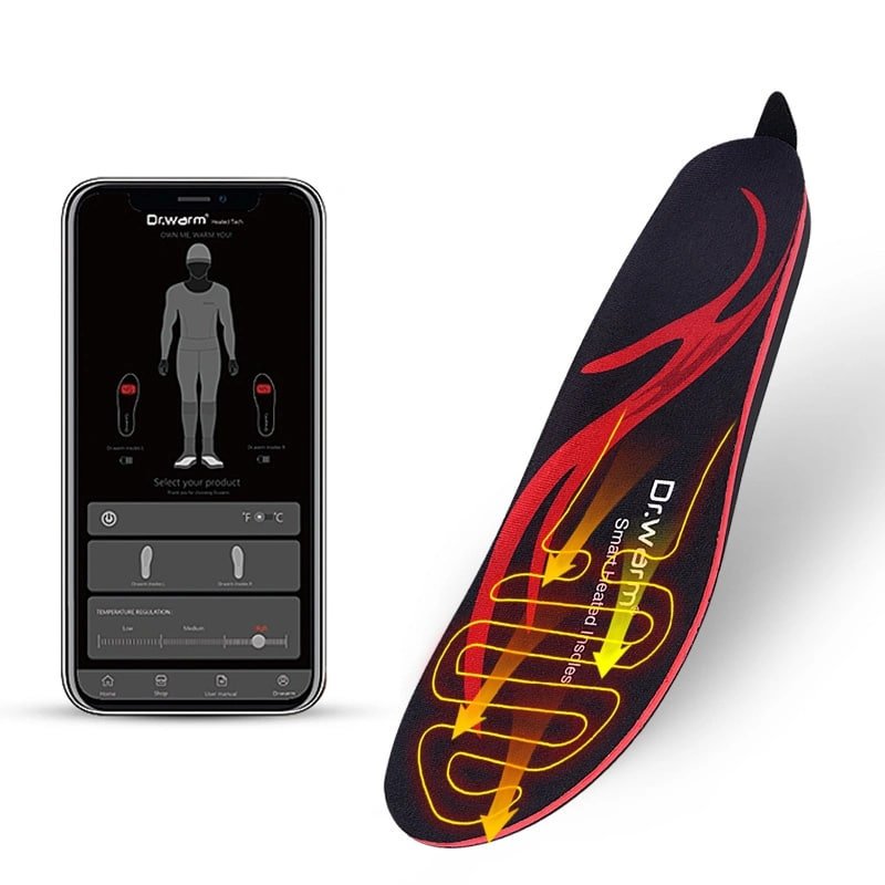 Dr.warm 2200mAh smart rechargeable heated insoles paired with a smartphone running the control app for winter outdoor sports.