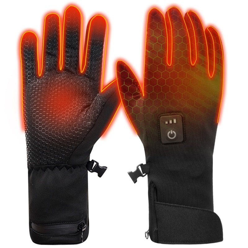 Black 7.4V 2200mAh battery powered heated gloves with rechargeable battery pack in waterproof cuff pocket, LED temperature display, providing long-lasting full hand warmth for winter sports