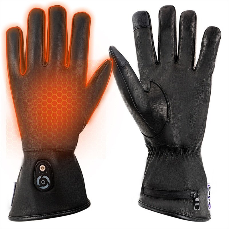 Dr.Warm heated cycling gloves showcasing the innovative magnetic charging port seamlessly connecting to its cable, with genuine leather construction visible.