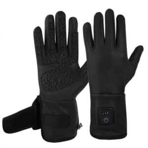 A cyclist wearing Dr.Warm 7.4v rechargeable heated gloves on a bicycle in cold weather, highlighting grip on handlebars and protection against wind.