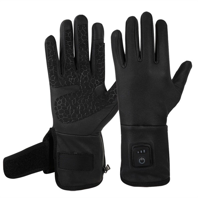 A cyclist wearing Dr.Warm 7.4v rechargeable heated gloves on a bicycle in cold weather, highlighting grip on handlebars and protection against wind.