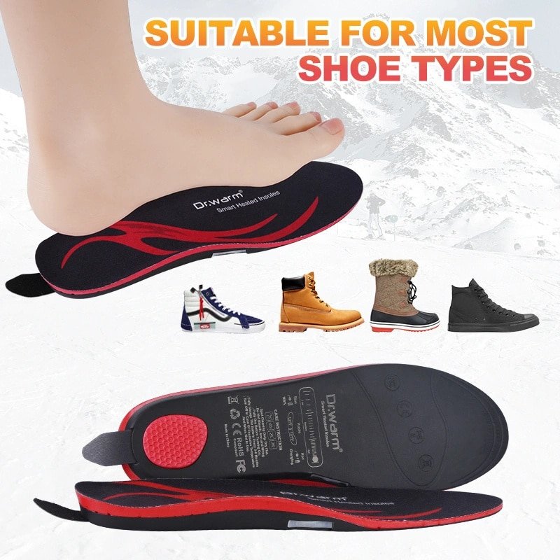 Skier using smartphone to control Dr.warm heated insoles via the app while on the slopes.