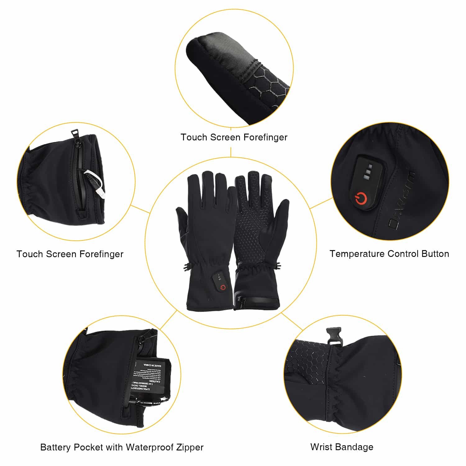 Close-up detail showing the multi-layer material construction of the gloves: Nylon Lycra for stretch, TPU for windproofing, scratching cloth for grip, and conductive cloth for touchscreen use.