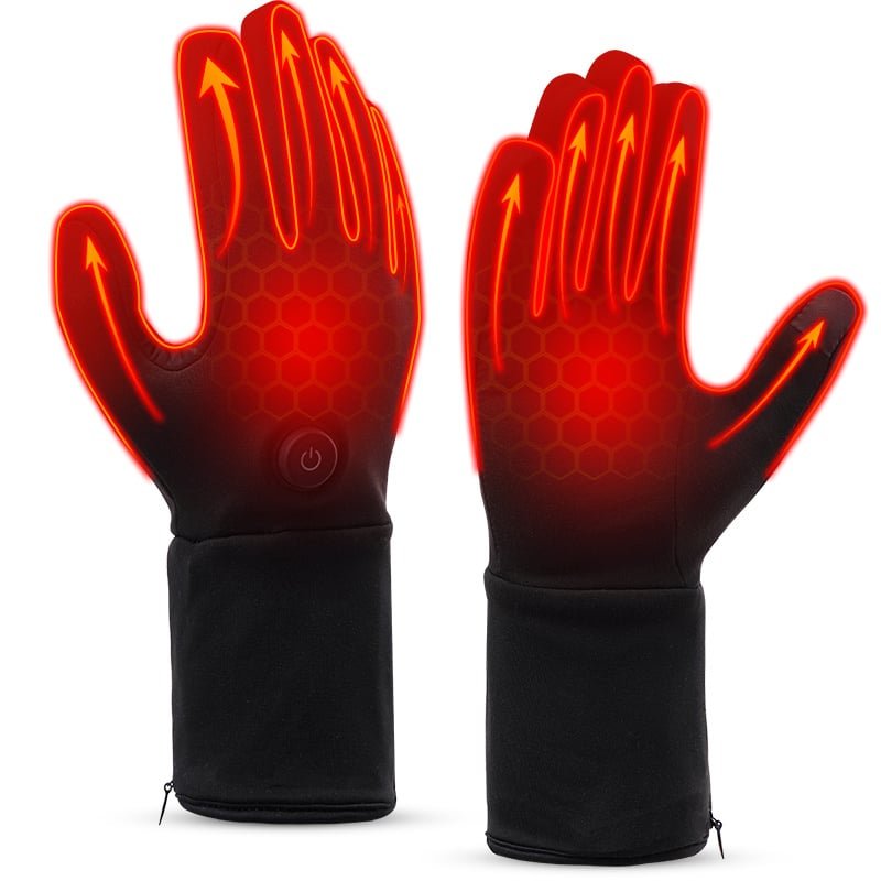 Versatile Dr.Warm heated gloves shown in use during four distinct activities: rock climbing, downhill skiing, road cycling, and ice fishing.
