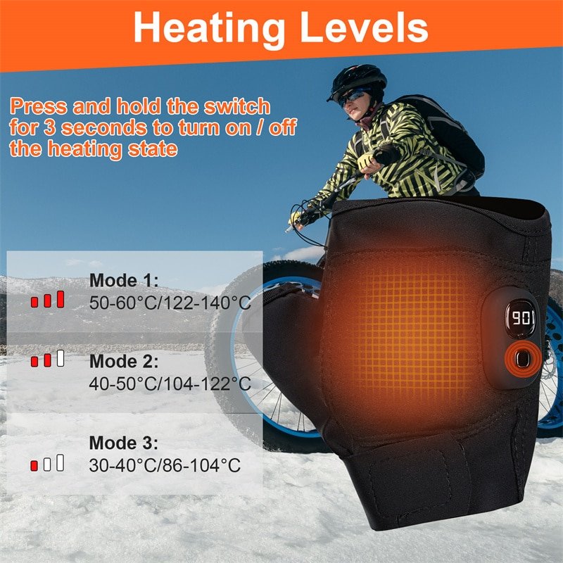 A versatile illustration showing Dr.Warm heated gloves being used across six activities: skiing, running, ice fishing, hiking, horseback riding, and cycling.