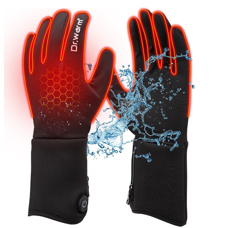 Dr.Warm heated gloves being used on a hiking trail and a ski slope, showcasing versatility for various outdoor sports in wet and cold conditions.