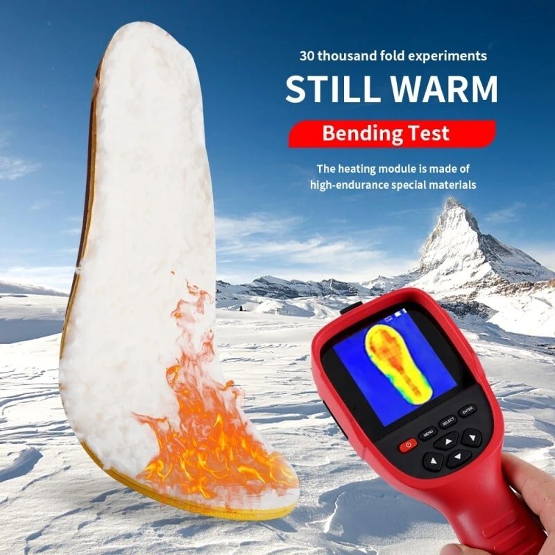 Graphic showing heated insoles undergoing a 30,000-fold bending test to prove the durability of the special heating module materials.