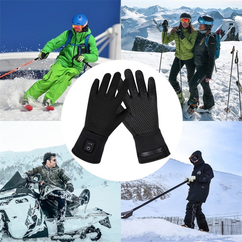 Conceptual image contrasting cold, uncomfortable hands with warm, comfortable hands inside thin heated glove liners during winter.