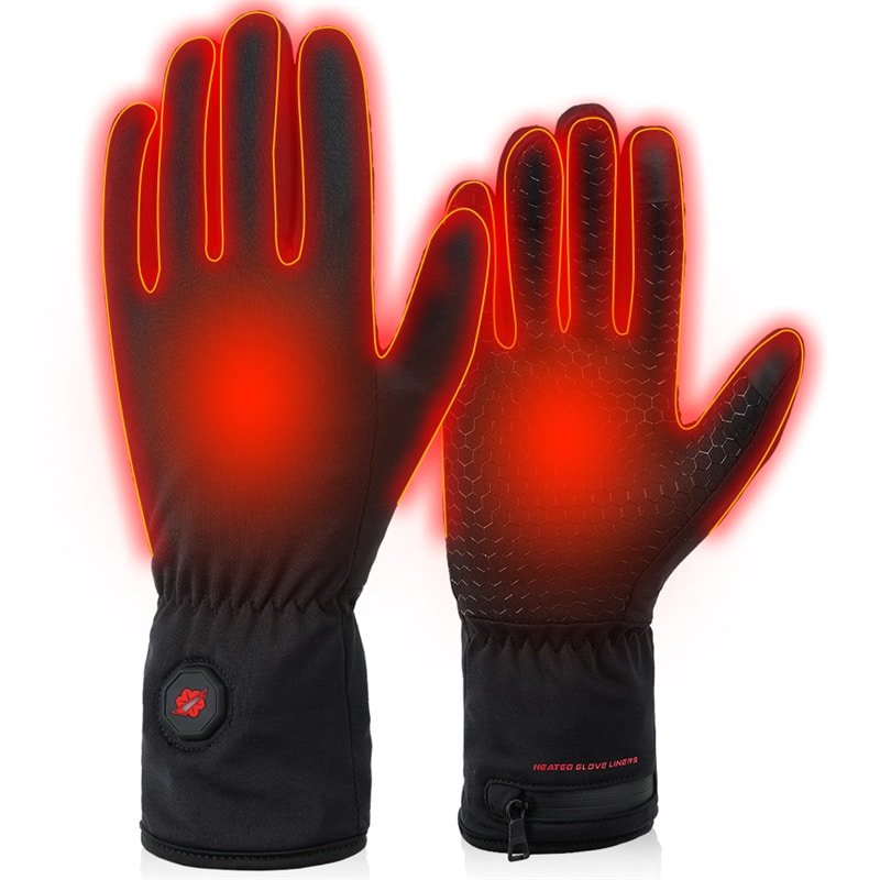 Dr.Warm USB rechargeable heated gloves being used during hunting, ice fishing, and skiing activities, demonstrating versatility across multiple winter sports.