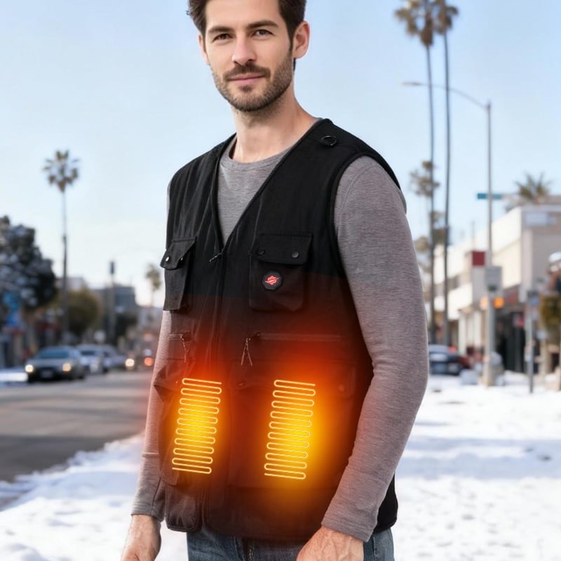 Man wearing a black multi-pocket heated vest with electric front heating panels