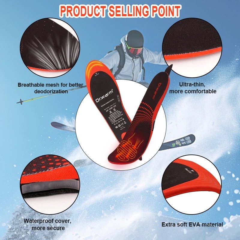 Infographic listing key selling points of Dr.Warm heated insoles: breathable mesh for deodorization, ultra-thin design, waterproof cover, and soft EVA material for comfort.
