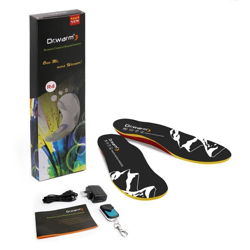 Product packaging or display image for the Dr.warm ‘R4’ model remote controlled heated insoles.