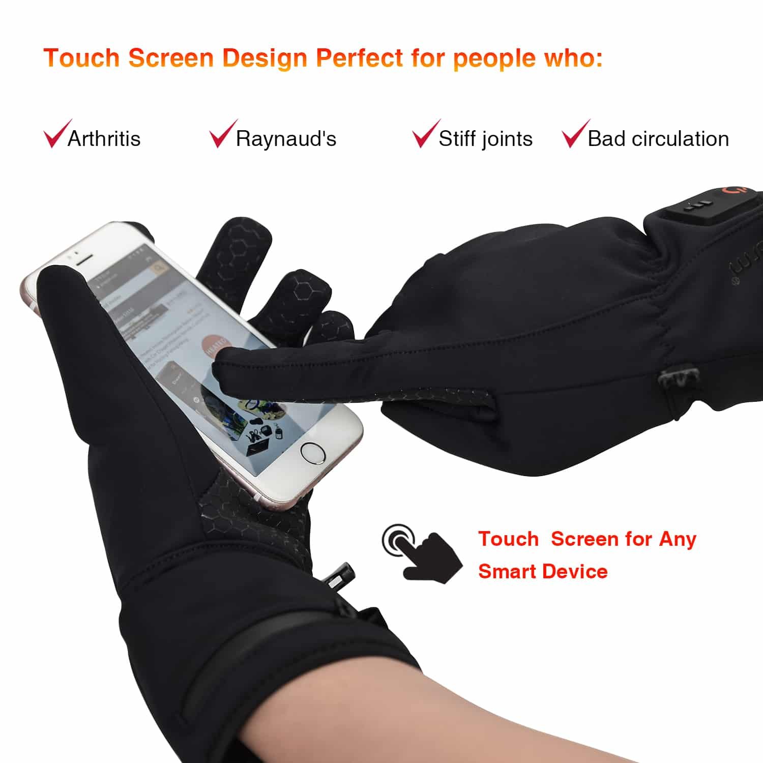 Product label and certification marks (CE, SGS) for Dr.Warm Model G22 heated inner gloves, emphasizing safety and quality standards.