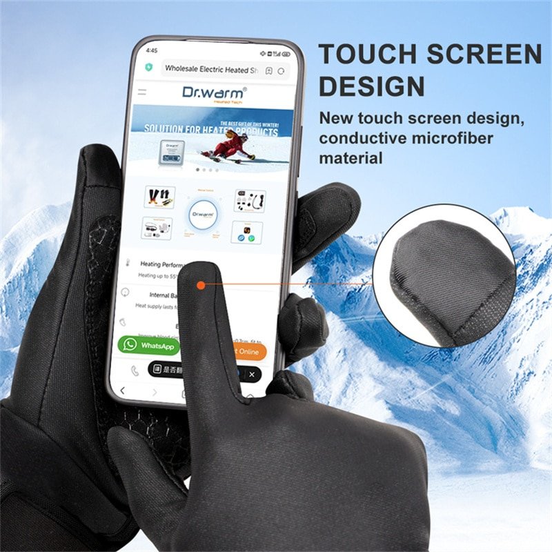 Technical illustration showing the layered fabric technology (TPU, neoprene, conductive cloth) and safety certifications of the heated gloves.