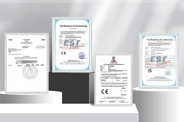 Collection of safety certifications including CE, RoHS, FCC, and UL badges for Dr.warm heated insoles, confirming compliance for USB powered and battery powered heated foot warmers and electric heated apparel