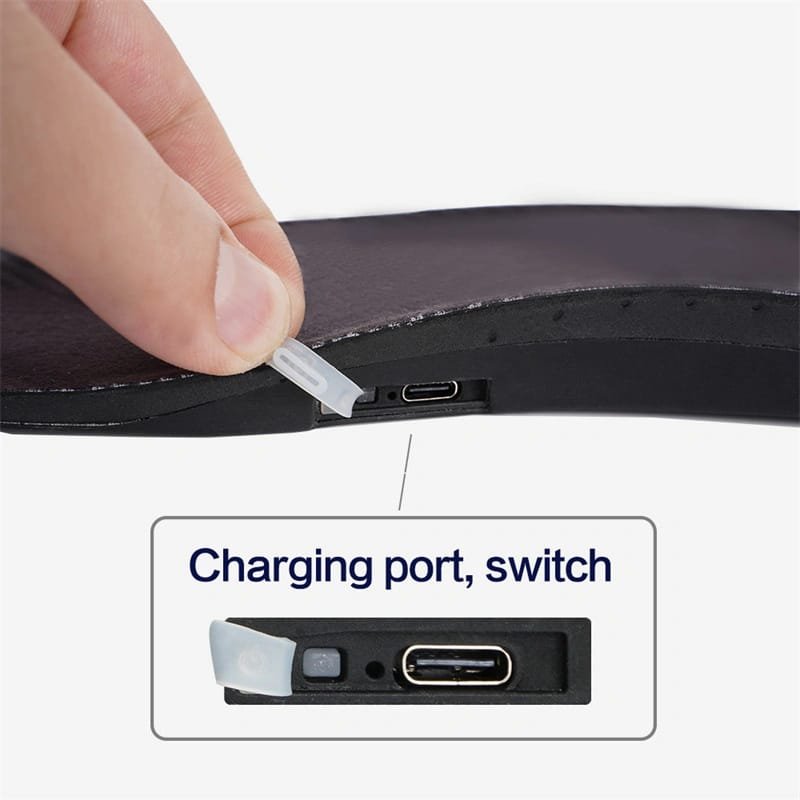 Close-up detail of the waterproof charging port and easy-access power switch on Dr.warm rechargeable heated insoles.