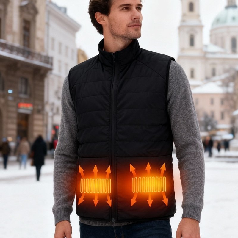 Man wearing a black heated vest with dual heating zones for winter outdoor activities