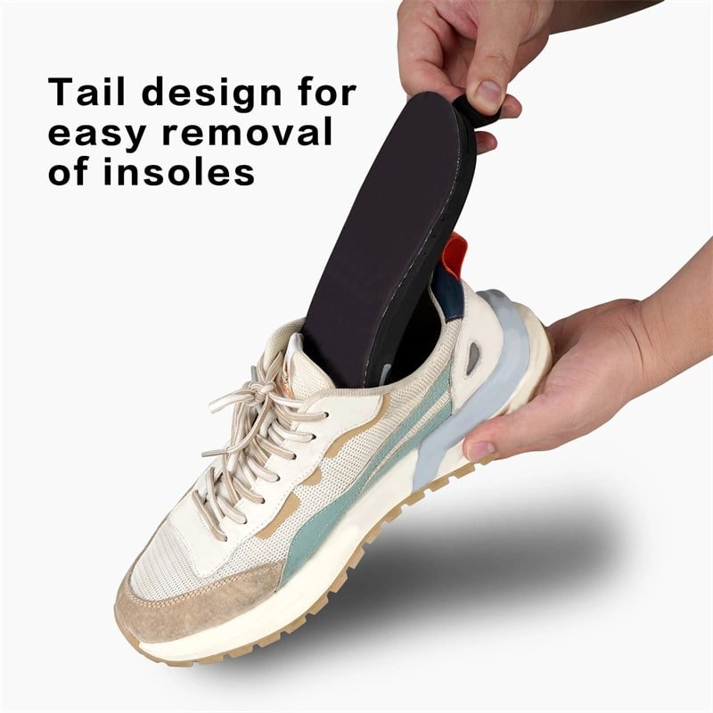 Tail tab design on the heel of the heated insole, allowing for easy grasping and removal from boots.