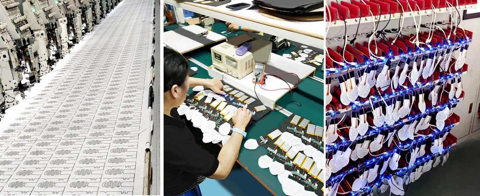 Close-up view of a production line where flexible heating films (carbon fiber or graphene) are being cut, assembled, or tested, highlighting their thin and textile-compatible nature.